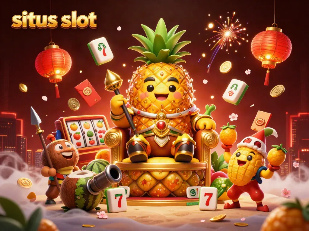 Gambarlah situs slot yang menampilkan raja nanas emas dan karakter kasino lainnya di latar belakang meriah.
