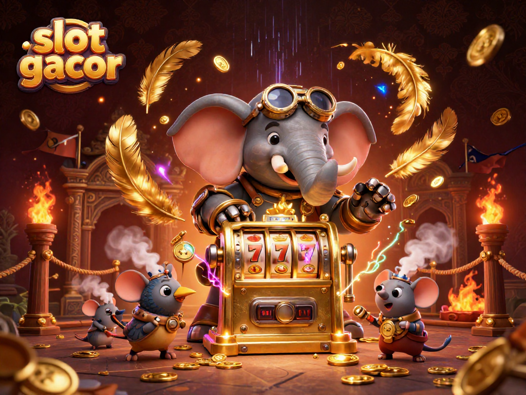 Experience slot gacor excitement with a steampunk-themed golden slot machine illustration.