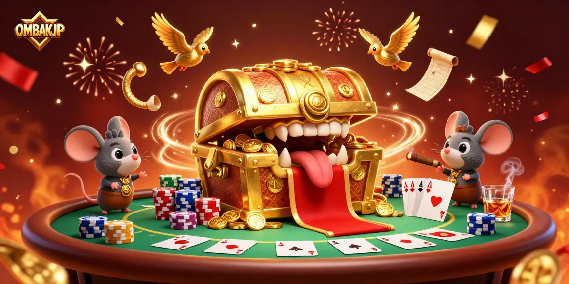 Play poker and win riches with OMBAKJP amidst a celebration of confetti and vibrant visuals.