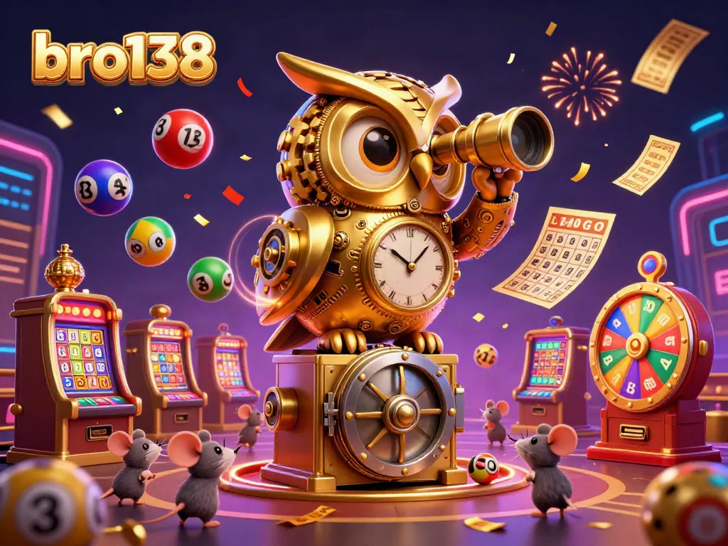 Experience the thrill of bro138 with a dynamic casino scene featuring a golden owl and lively gaming elements.