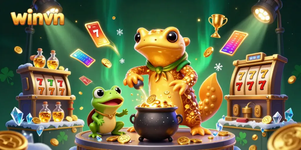 Experience the excitement of winvn with golden treasures and vibrant slot games in a dynamic casino scene.