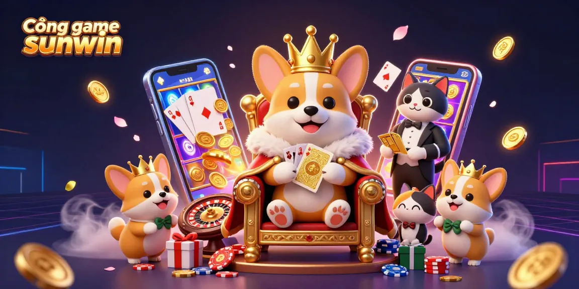 Engage with Cổng game sunwin through a vibrant 3D casino scene featuring royal corgis and dynamic gaming elements.