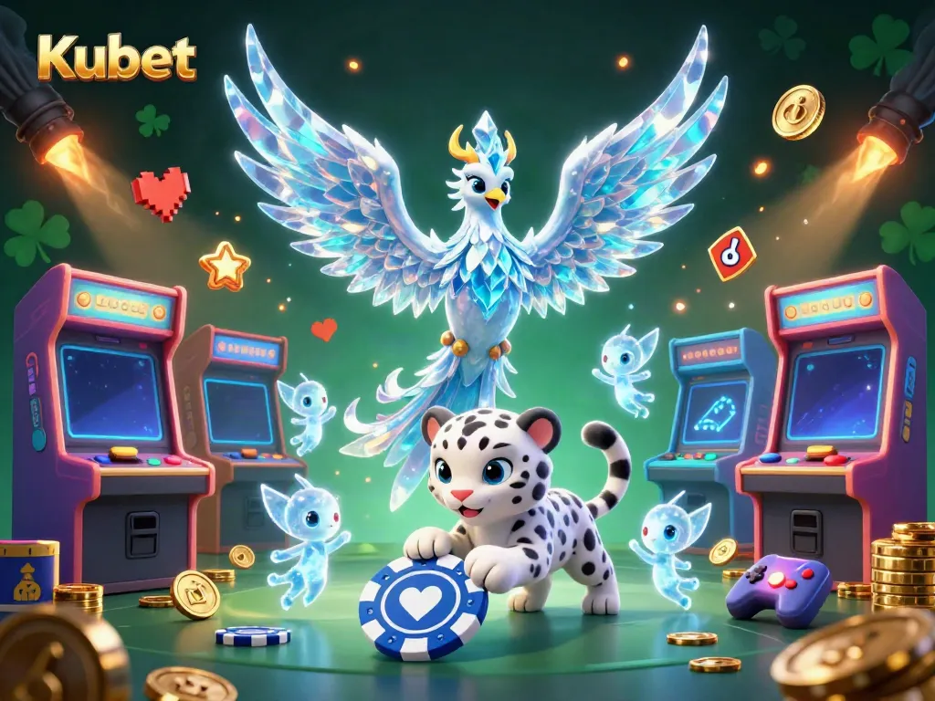 Kubet players engage with vibrant casino games, illuminated by a 3D creative blend of characters and arcade machines.
