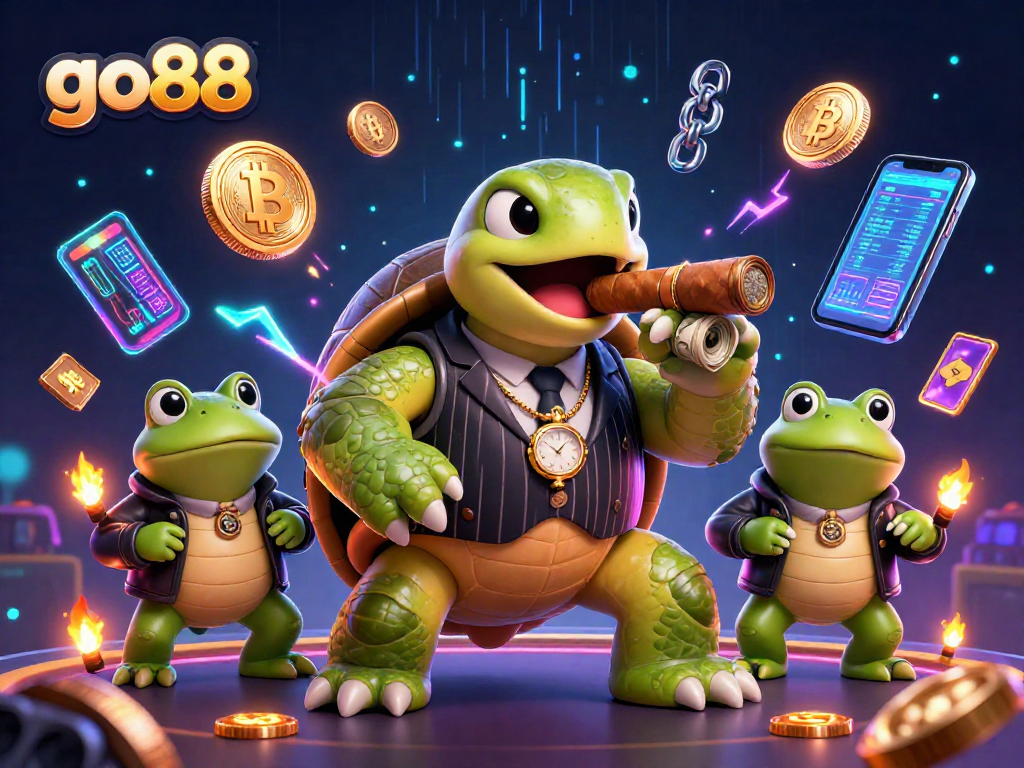 Bet on go88 with a vibrant casino-themed illustration featuring a snapping turtle in a mobster suit.