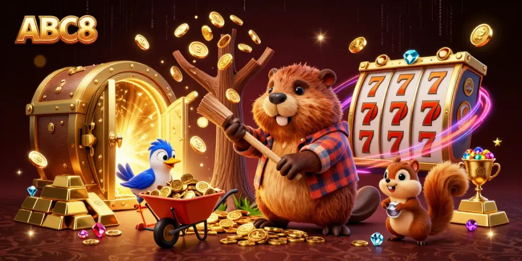 Experience ABC8 as the charming beaver hosts slots excitement with coins raining down.