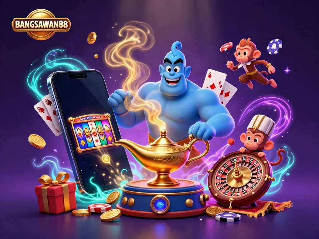 BANGSAWAN88 players engaging with a genie, slot game, and magic carpet in a vibrant casino setting.