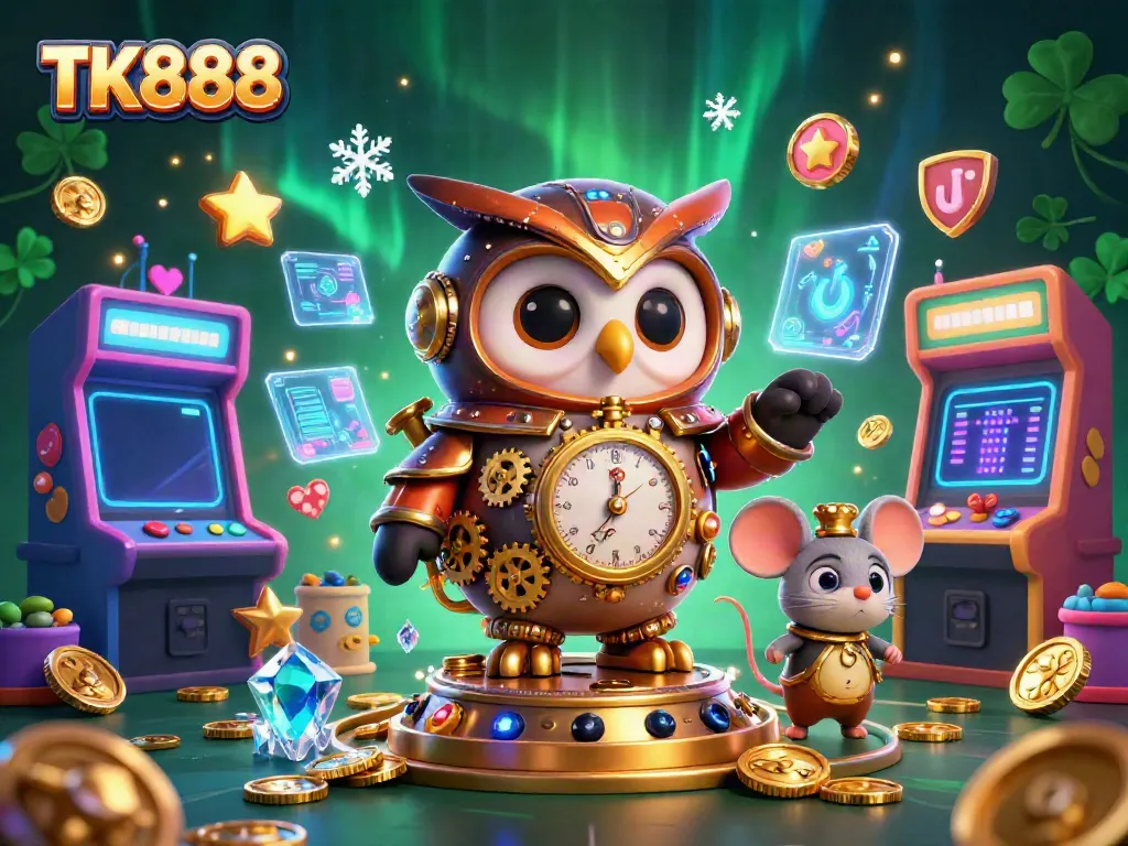Experience thrilling gameplay with TK888 as a time-traveler owl and mouse create a vibrant casino adventure.