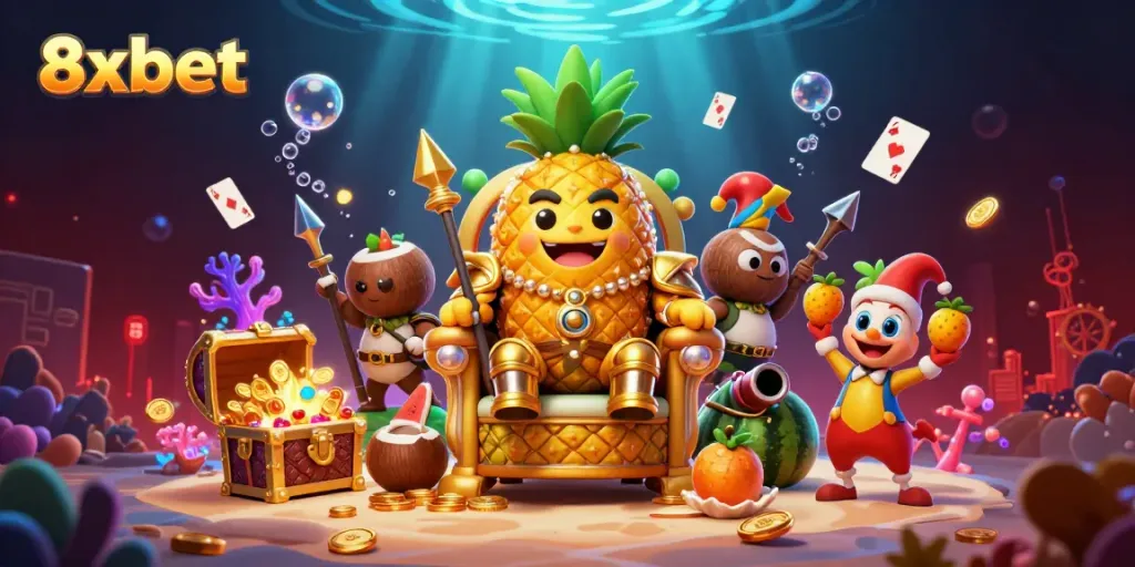 Experience lively gameplay at 8xbet with a vivid casino-themed 3D illustration featuring unique characters.