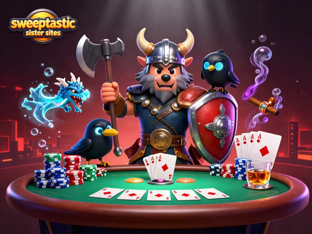 Sweeptastic sister sites showcase a Viking wolf warrior amidst poker elements and vibrant casino action.