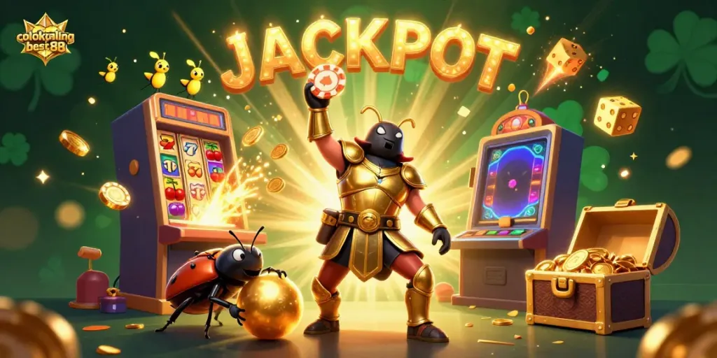 Colokpalingbest88 features an exciting jackpot scene with beetle characters celebrating a vibrant casino win.