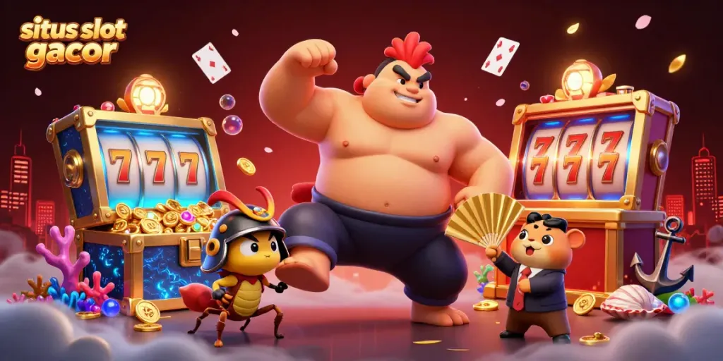 Situs slot gacor menyajikan ilustrasi menarik dengan karakter unik dalam suasana kasino yang ceria.