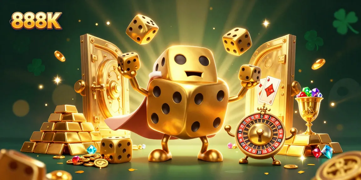 Win big with 888K in this vibrant 3D casino scene featuring golden dice and treasures.
