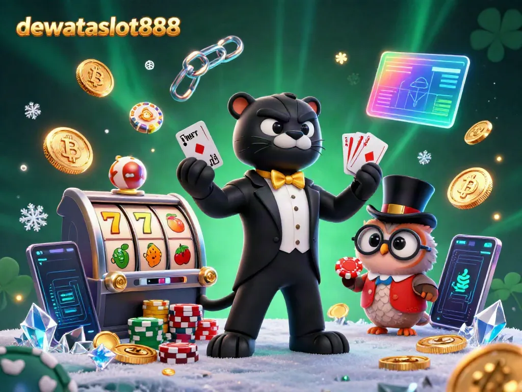 Trik menang di dewataslot888 dengan dealer kartun elegan dan simbol slot berwarna-warni.