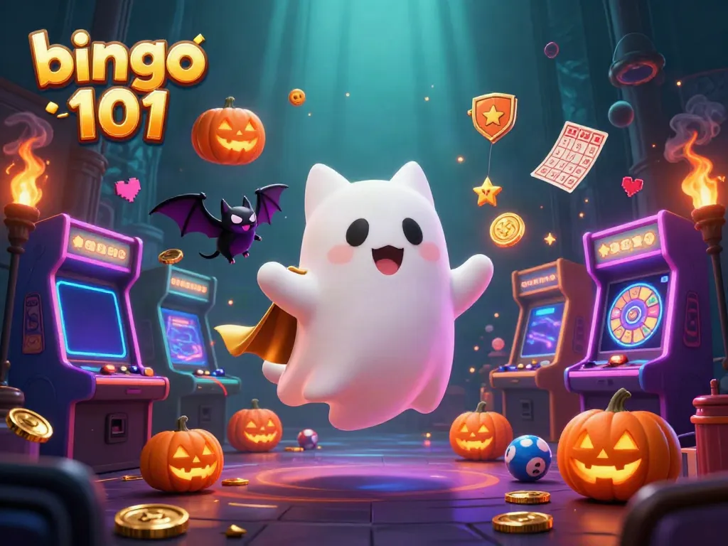 Menggandeng pengalaman bermain bingo 101 yang menyenangkan melalui ilustrasi 3D, ditampilkan dengan karakter dan mesin game di sekitar.