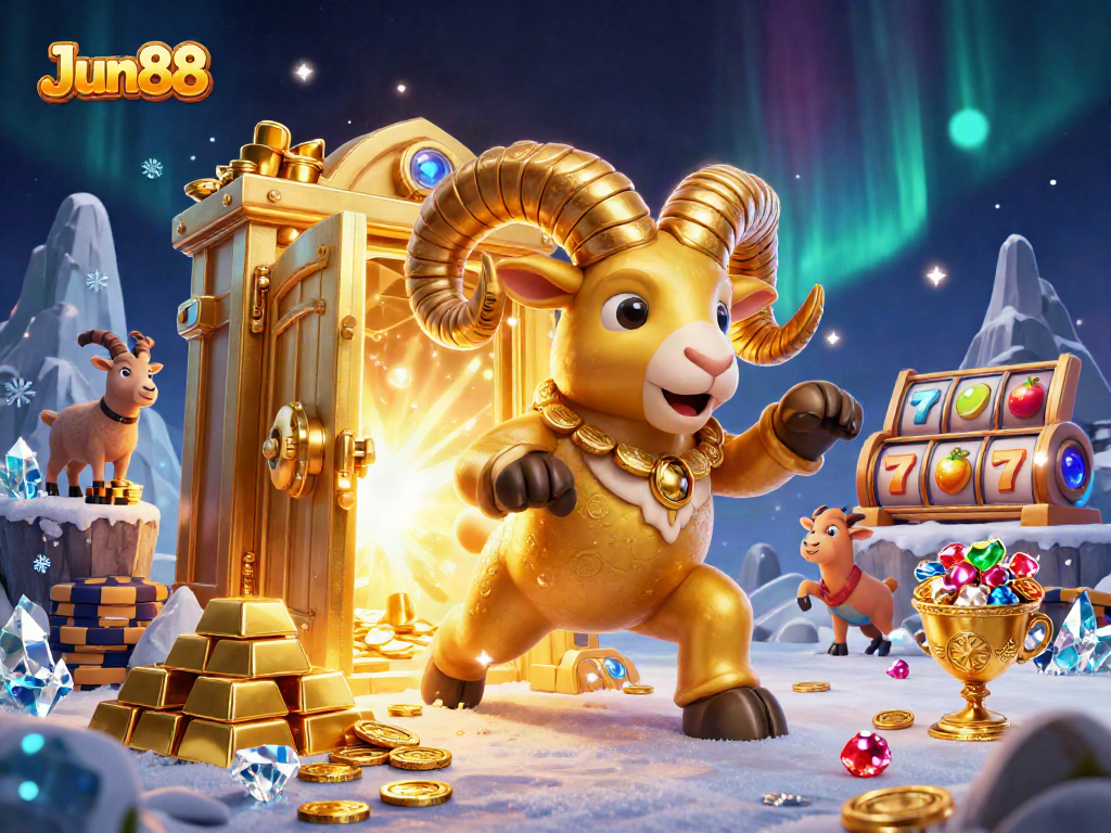 Experience the excitement of Jun88 with golden treasures and lively casino elements in a stunning scene.