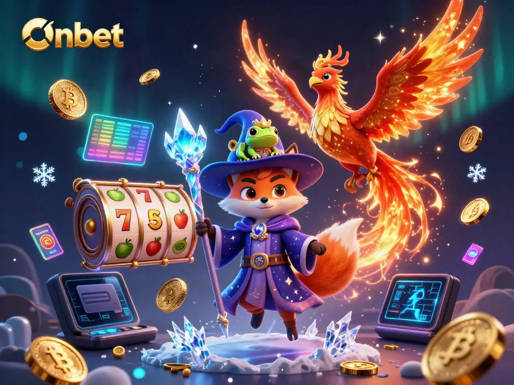 Win big at Onbet casino with a magical scene of a wizard and phoenix amidst slots and crypto!