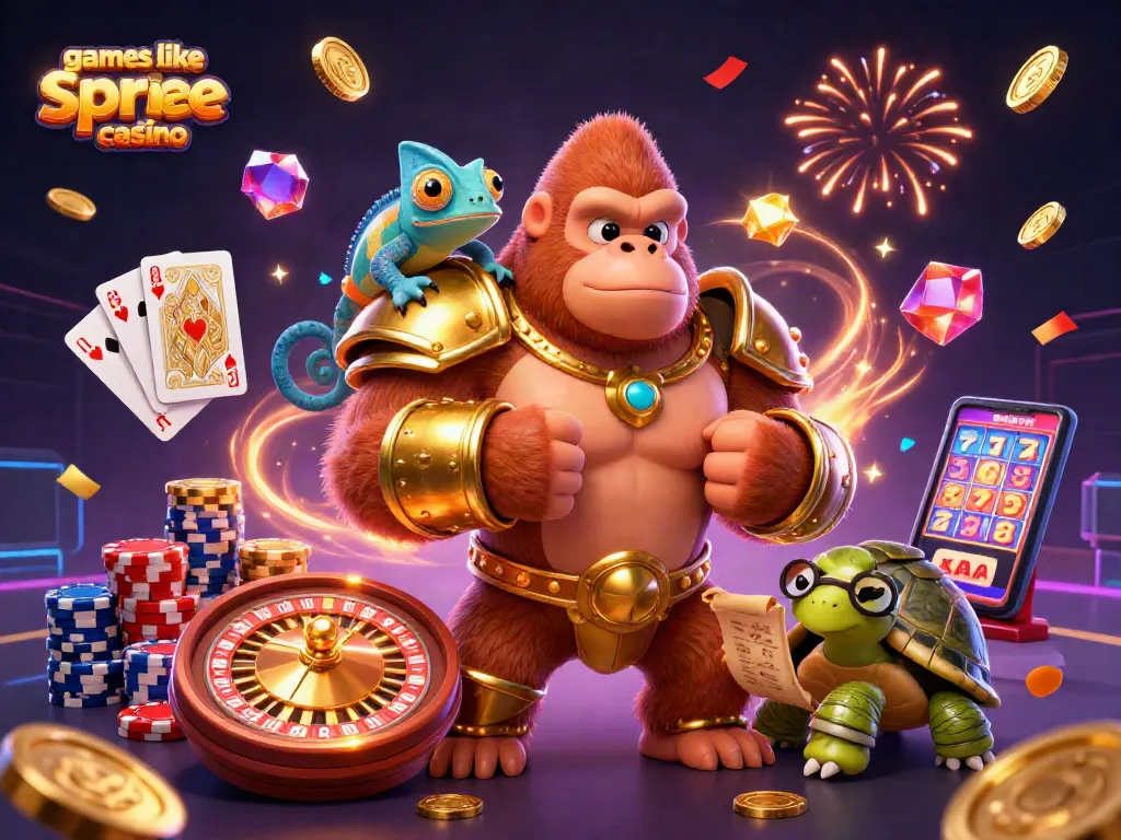 Play games like spree casino with the gorilla king and friends in a lively 3D casino scene.