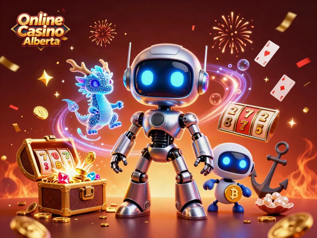Experience the thrill of Online Casino Alberta with a vibrant 3D illustration featuring iconic gaming elements.