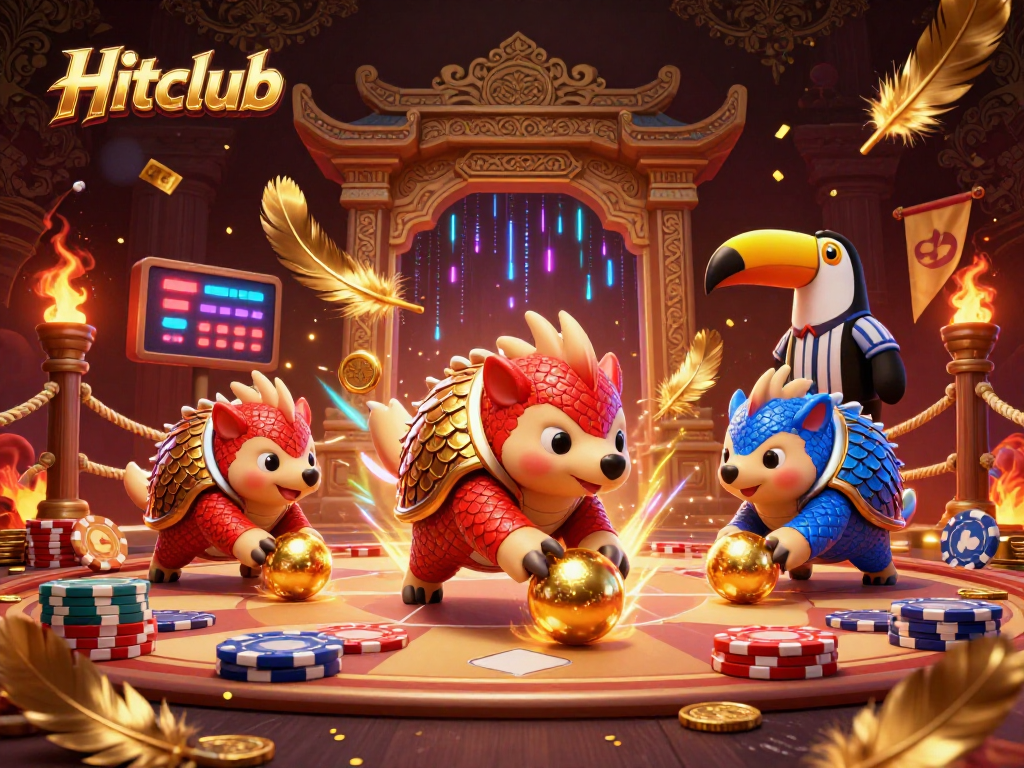Hitclub pangolins battling in a casino-themed arena with poker chips and vibrant confetti.