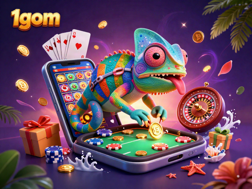 Spin to win with 1gom at the dynamic casino scene featuring a chameleon owner!