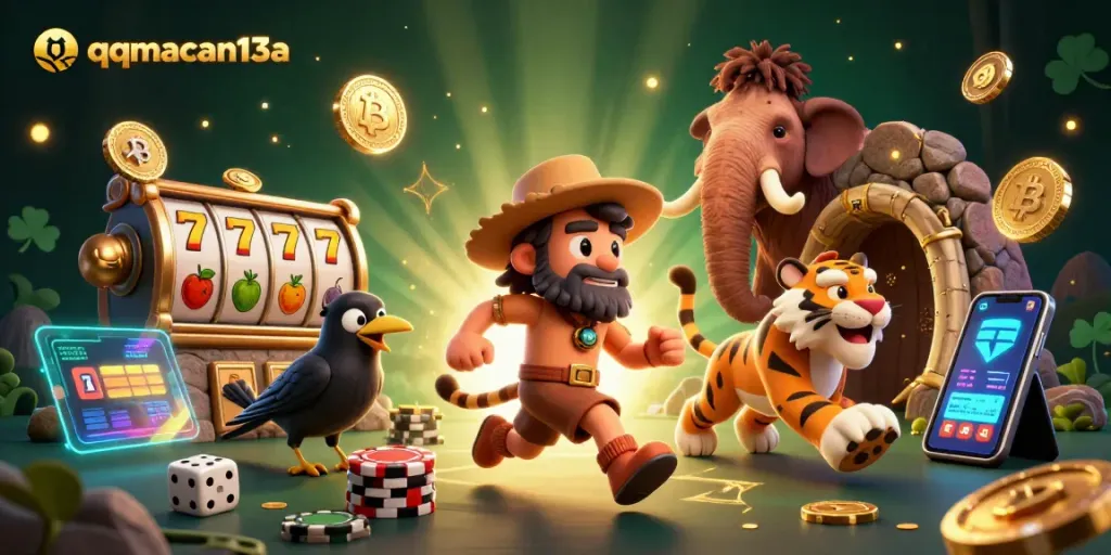Spin the reels at qqmacan13a in a vibrant, prehistoric casino atmosphere with exciting visuals.