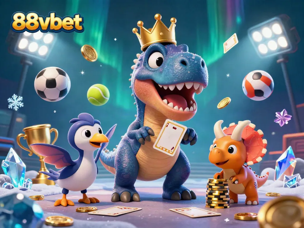 Experience the fun of 88vbet with a cartoon T-Rex shuffling cards and vibrant sports elements surrounding it.