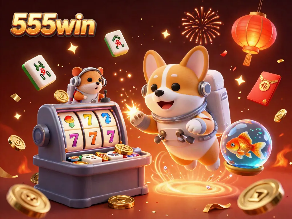 Experience exciting gameplay with 555win, featuring vibrant slot reels and adorable characters in a cosmic casino.