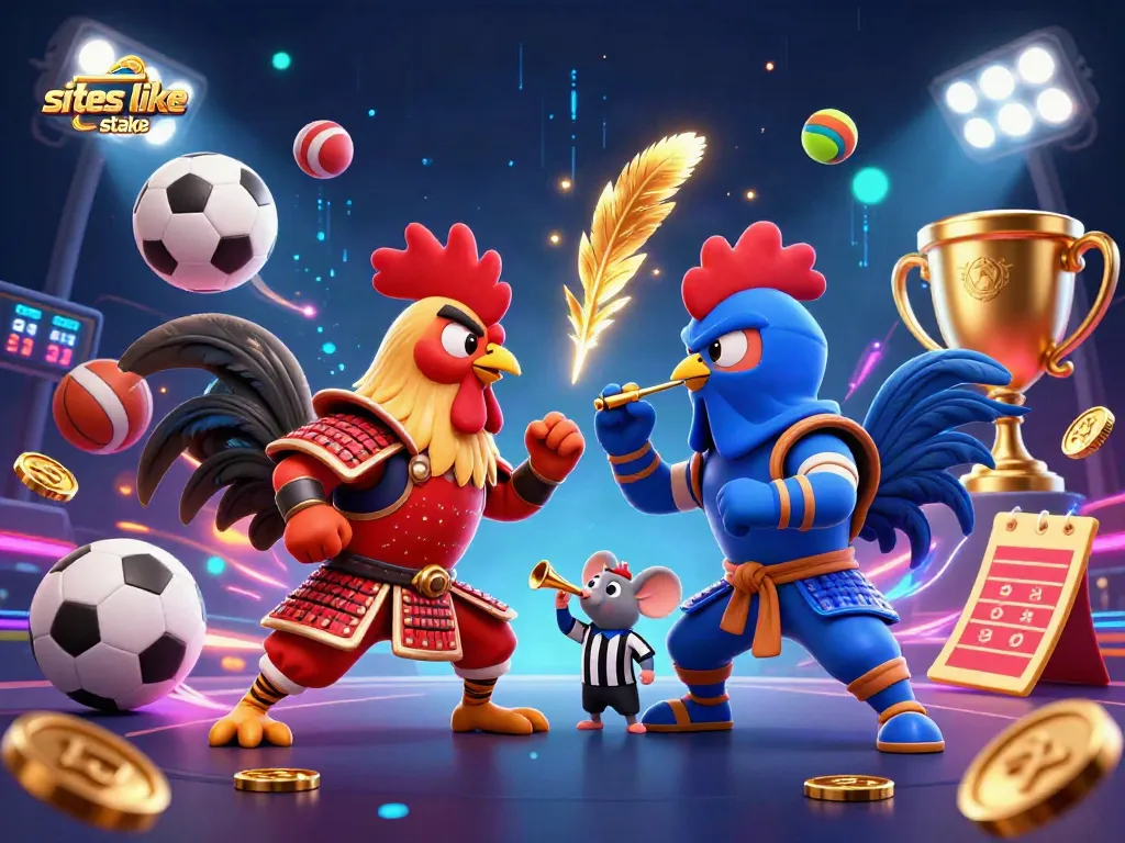 Play exciting games at sites like stake, featuring colorful roosters in an action-packed scene.