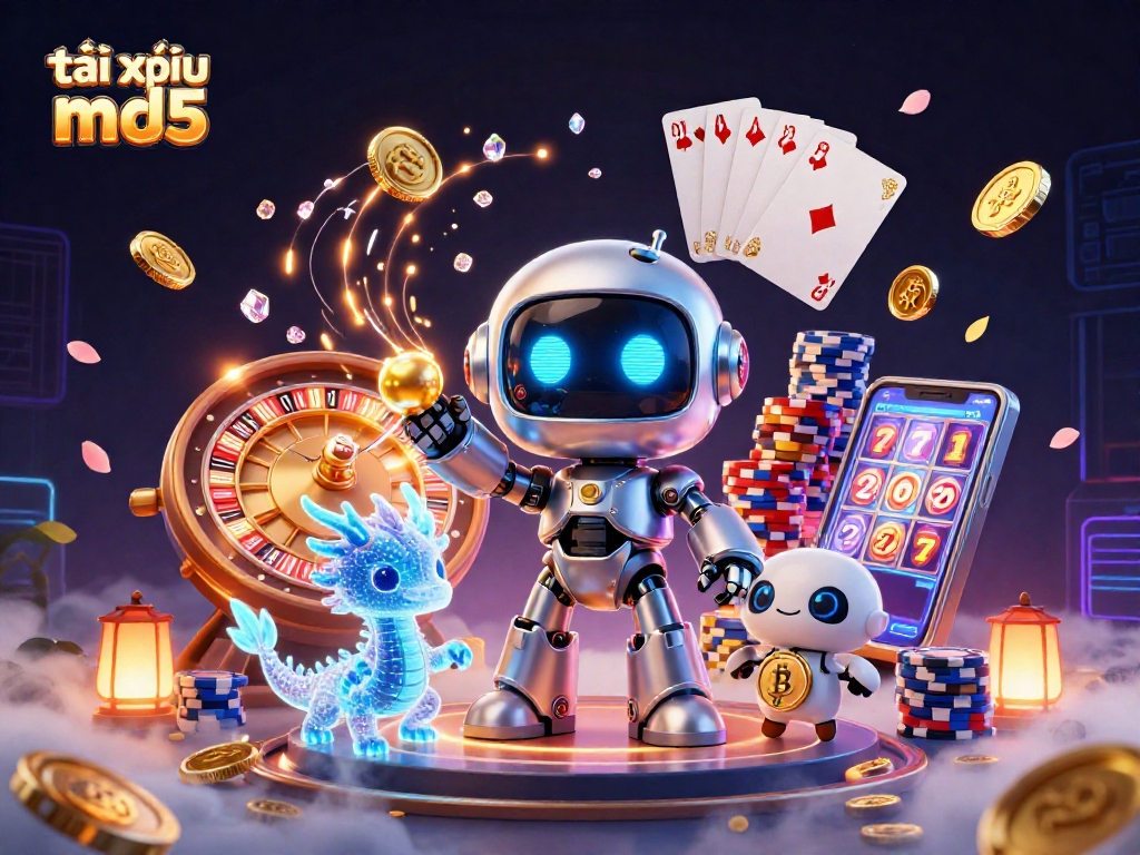 Engage with tài xỉu md5 strategies amid cascading coins, vibrant 3D casino scene with characters.