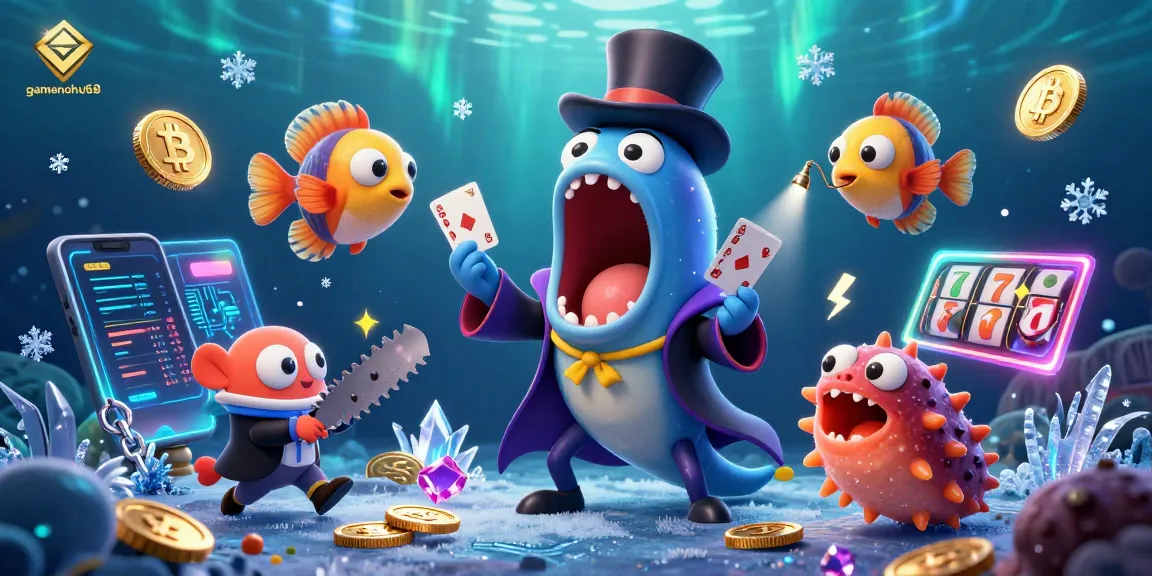 Experience magical gambling adventures with gamenohu68 in this captivating underwater illustration featuring playful sea creatures.