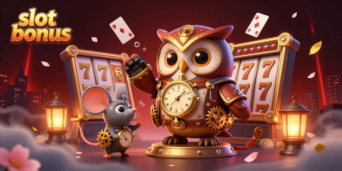 Engage in slot bonus excitement with a dynamic illustration of a steampunk owl and mouse in a vibrant casino setting.