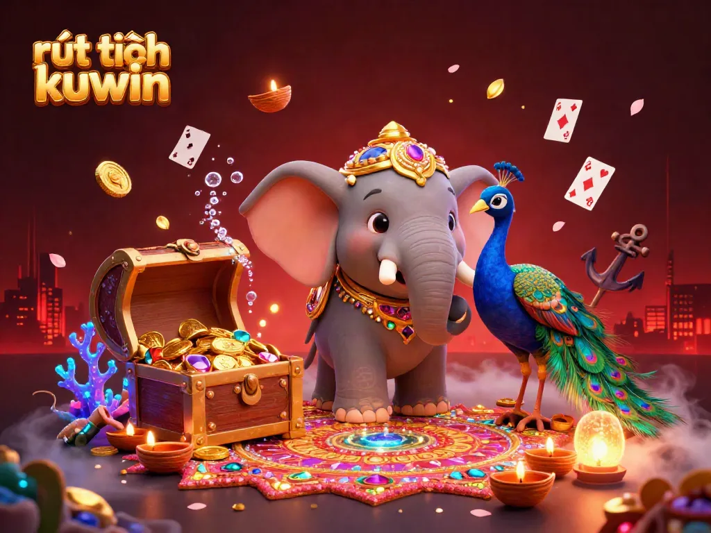 Experience the excitement of rút tiền kuwin with colorful carnival games and golden treasures in this vivid 3D scene.