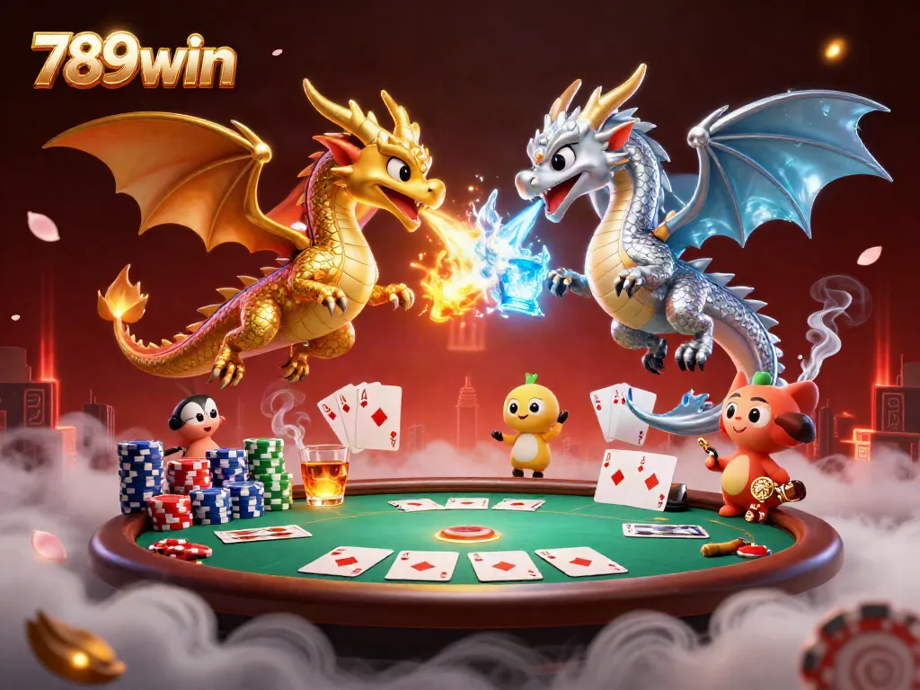 Engage with thrilling 789win gaming action featuring dragons and poker elements in a vibrant casino setting.