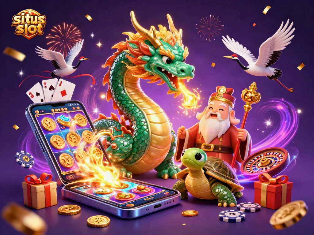 Permainan situs slot yang menarik dengan naga jades besar dan karakter interaktif.