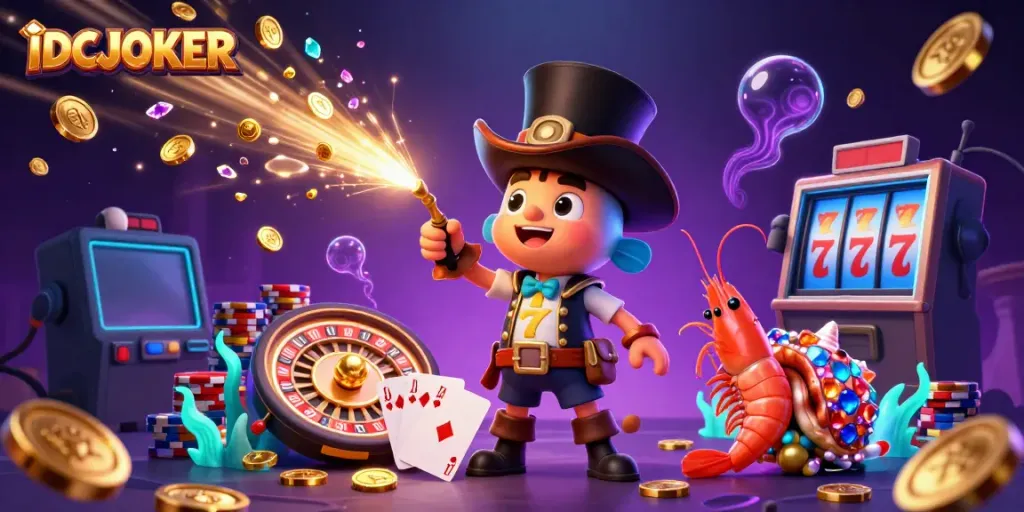 IDCJOKER exciting digital illustration depicting thrilling gameplay with glowing coins and characters