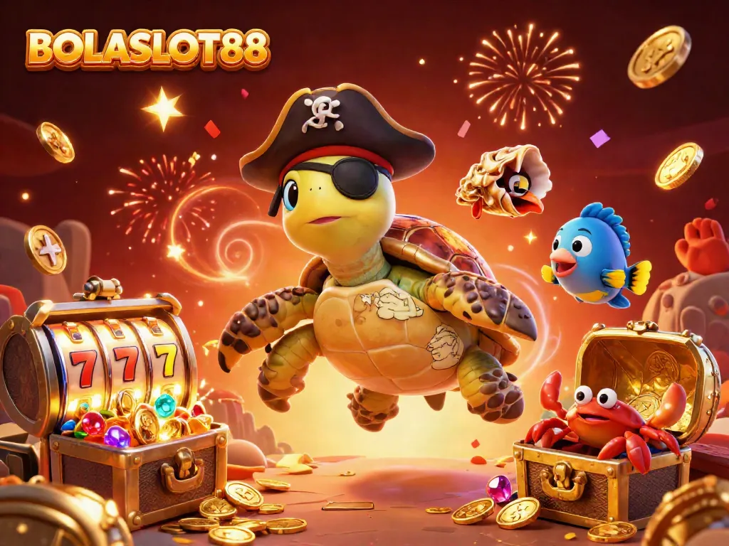 Experience BOLASLOT88's thrilling underwater casino with pirate turtle and vibrant treasures.