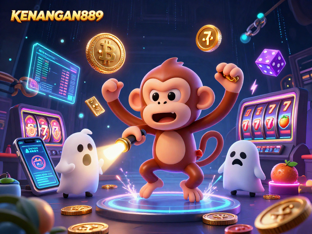 Experience the thrill of KENANGAN889 with a lively poltergeist monkey in a haunted casino, surrounded by vibrant slot machines and glowing cryptocurrency elements.