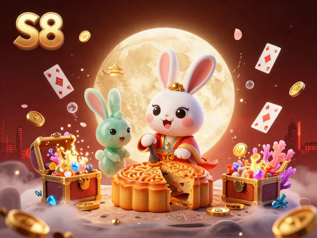 S8 delivers an exhilarating casino experience featuring a moon rabbit surrounded by poker chips and bioluminescent elements.
