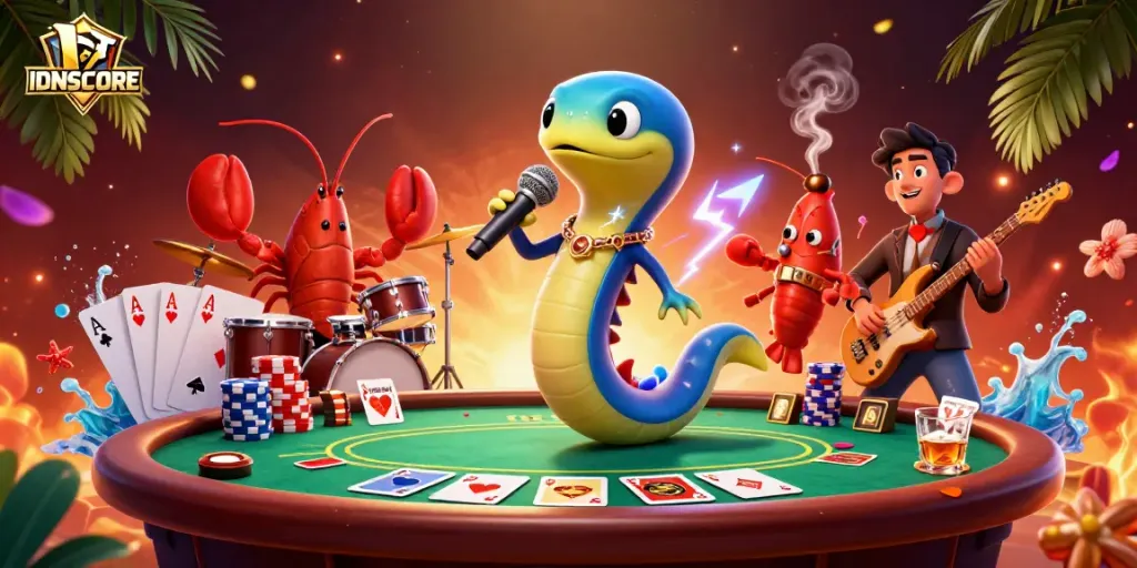 Experience the thrilling IDNSCORE casino scene with an electric eel DJ and vibrant poker elements.
