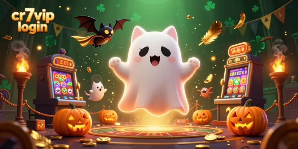 Masukkan cr7vip login untuk bermain sambil dikelilingi kucing hantu dan elemen kasino.