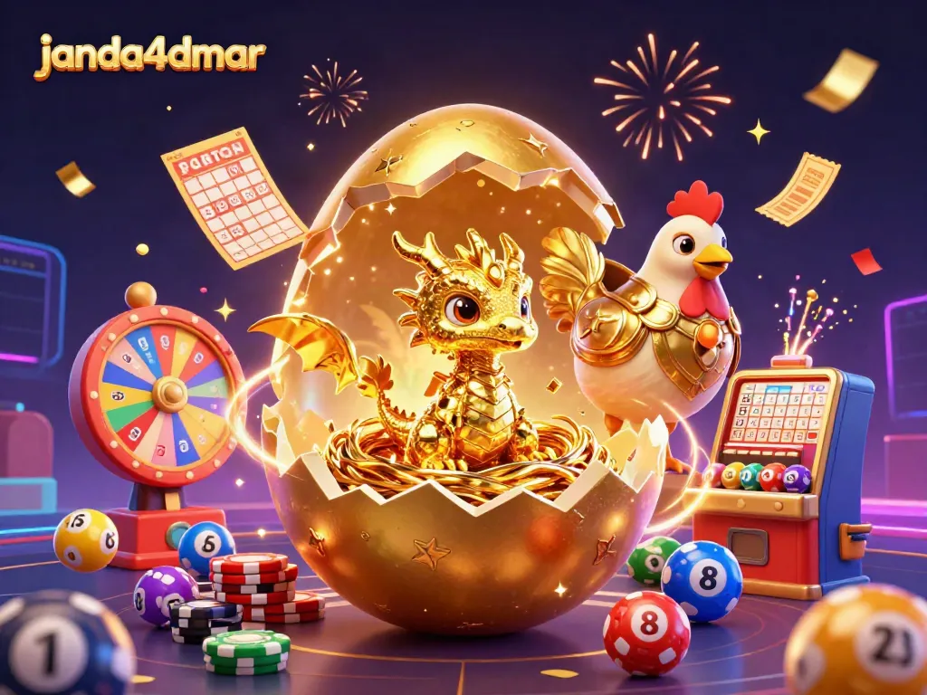 Slot permainan janda4dmar memperlihatkan naga emas muda dengan chip poker, serta efek lotere yang meriah.