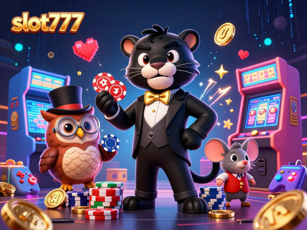 Experience the excitement of slot777 with a joyful black panther dealer, owl, and lucky mouse in a dynamic casino scene.