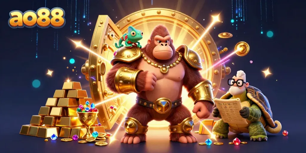 Engage with the vibrant energy of ao88 in this dynamic casino scene featuring powerful characters and treasures.