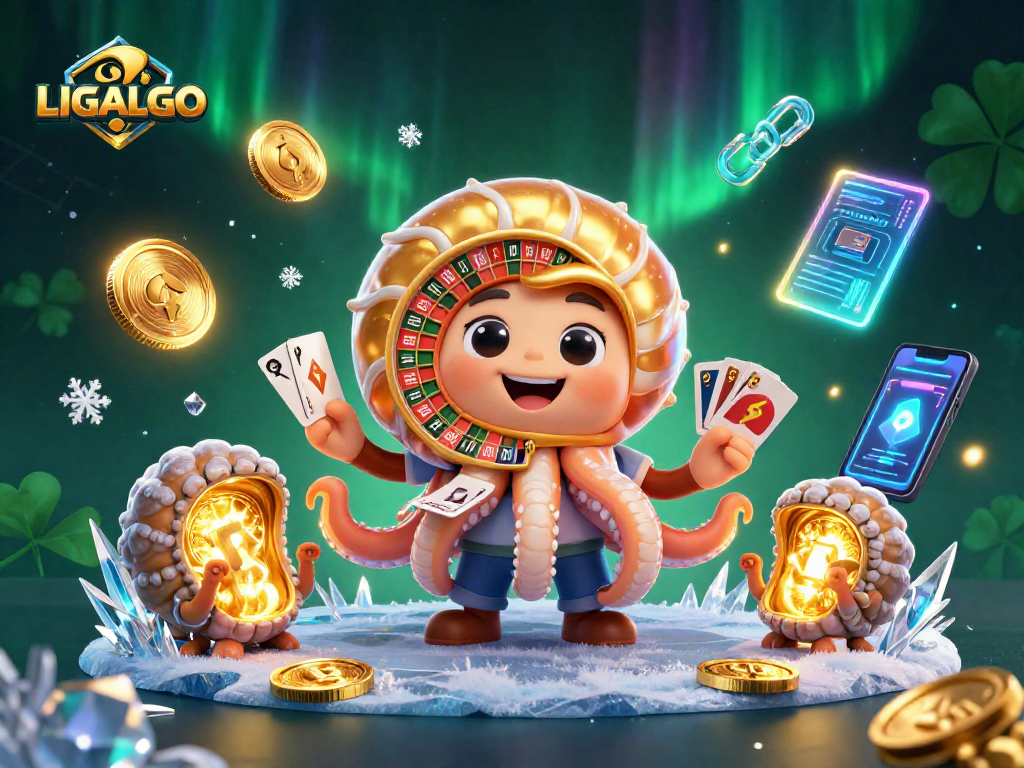 LIGALGO showcases dynamic casino action with a giant nautilus as a roulette wheel, vibrant crypto elements.