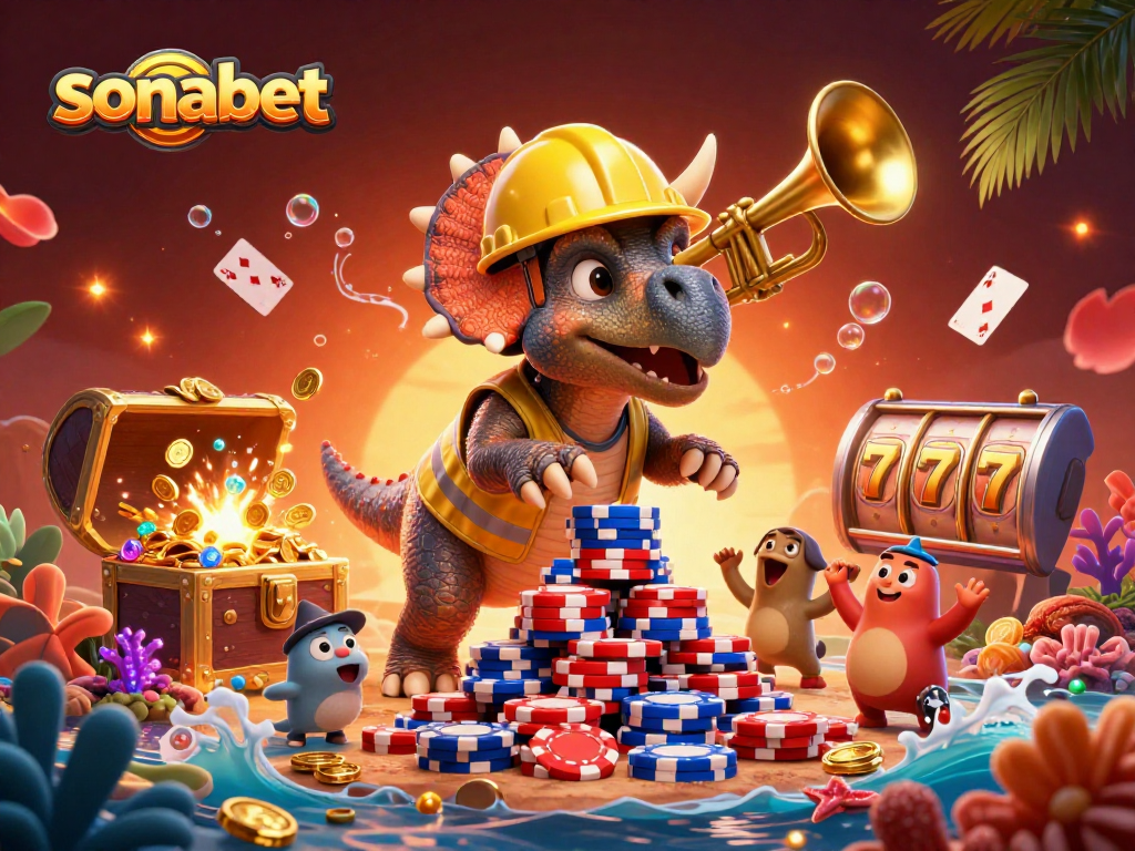 Join sonabet’s exciting gaming world with vibrant triceratops building poker chips, celebrating a jackpot.