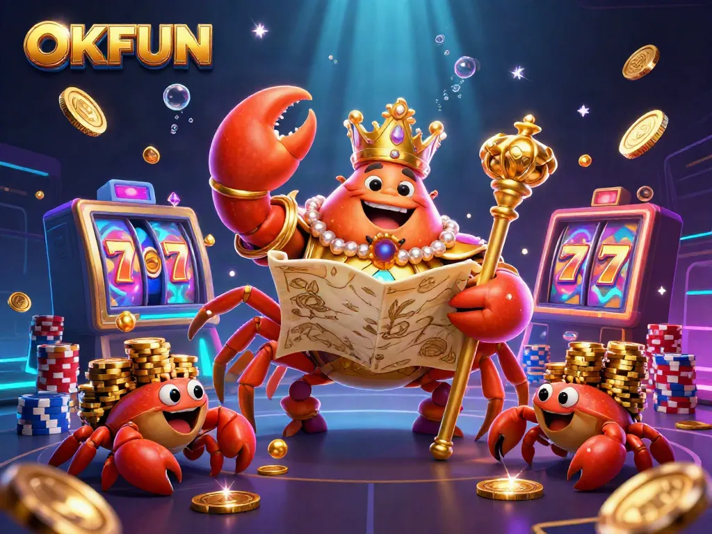 Experience the thrill of OKFUN's jackpot slots with a vibrant undersea casino scene featuring a golden crab emperor.
