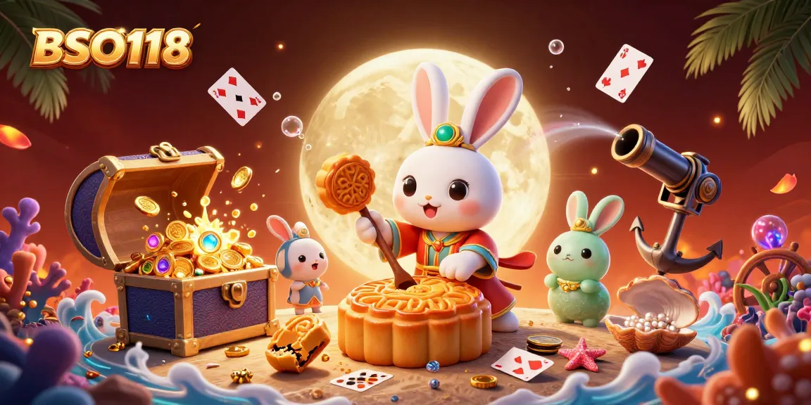 Engaging scene of BSO118 with a moon rabbit and jade companion revealing poker chips amidst a rich casino backdrop.