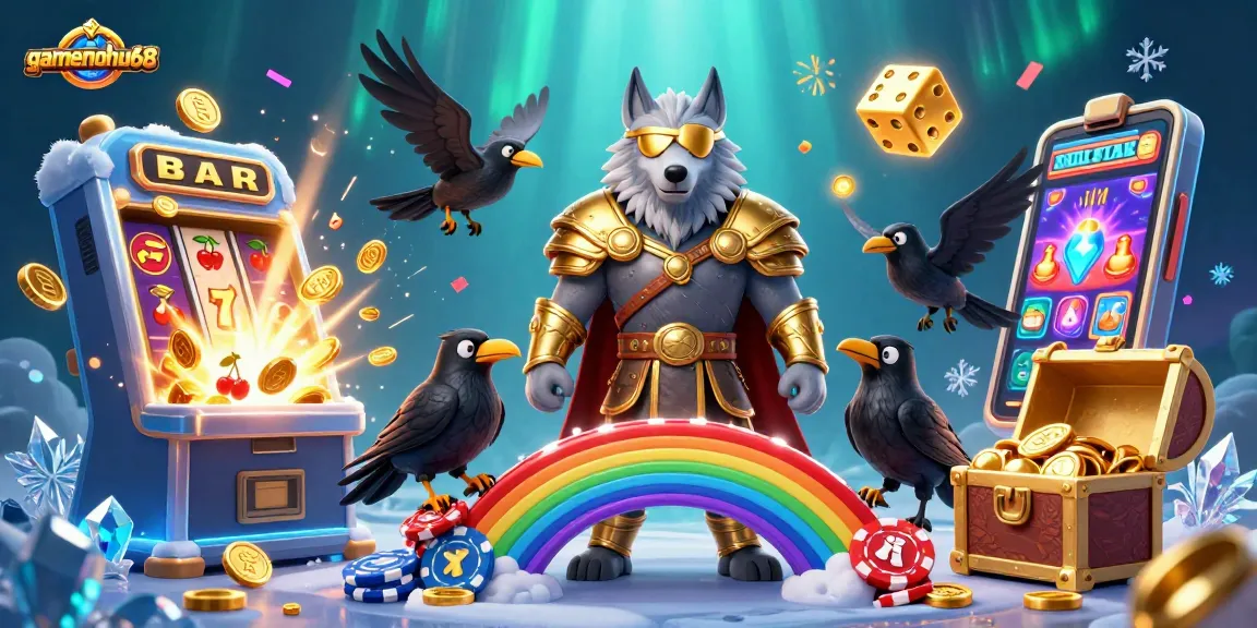Experience gamenohu68's vibrant jackpot scene with Odin and ravens amidst dynamic casino elements.