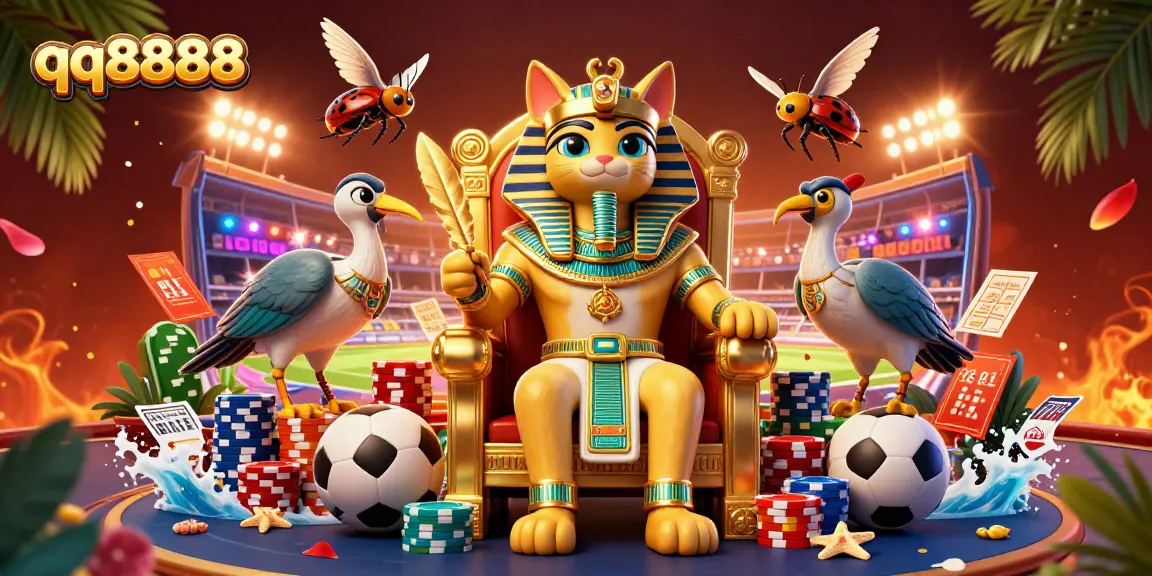 Bets come alive at qq8888 with a captivating pharaoh cat and engaging sports-themed elements.