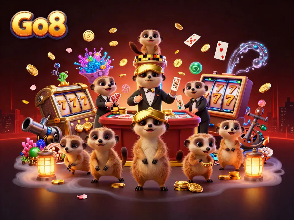 Go8 meerkats running a casino with vibrant slot reels and gold coins flying around.